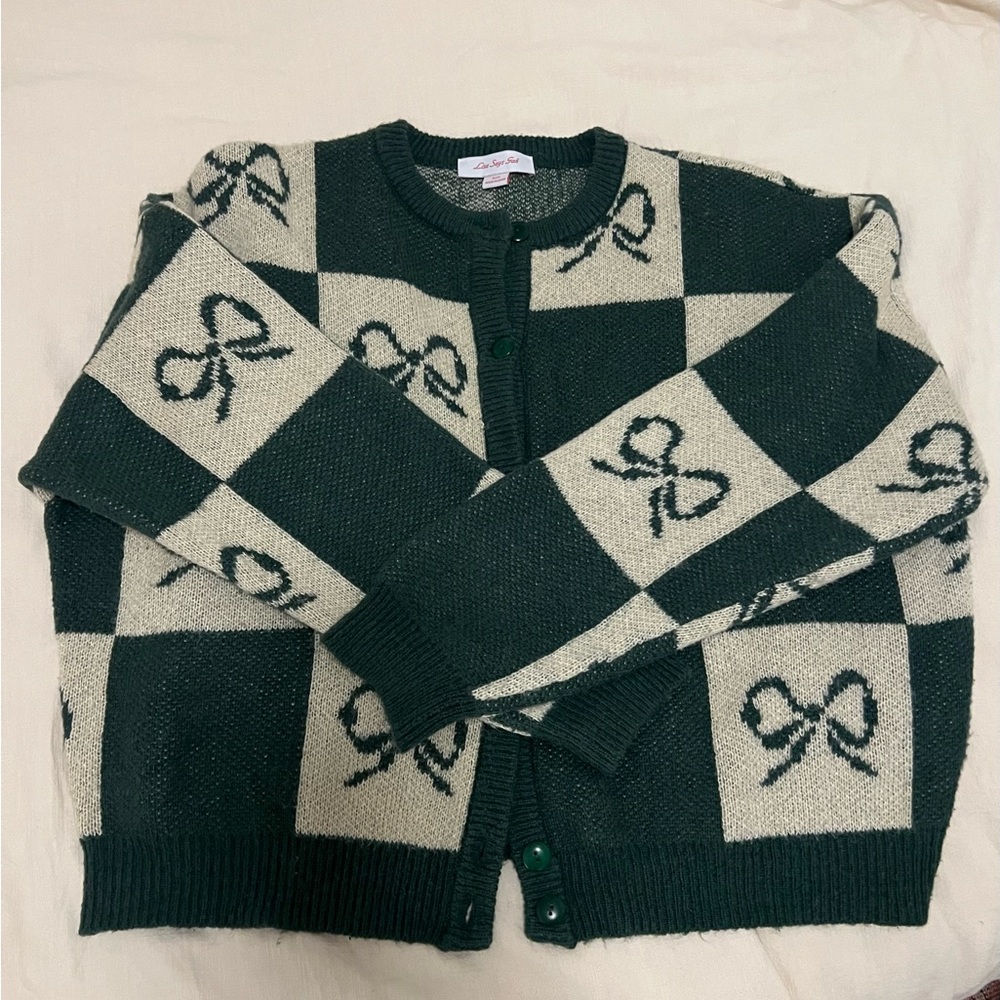 Lisa Says Gah Green and Cream Bow Knit Cardigan